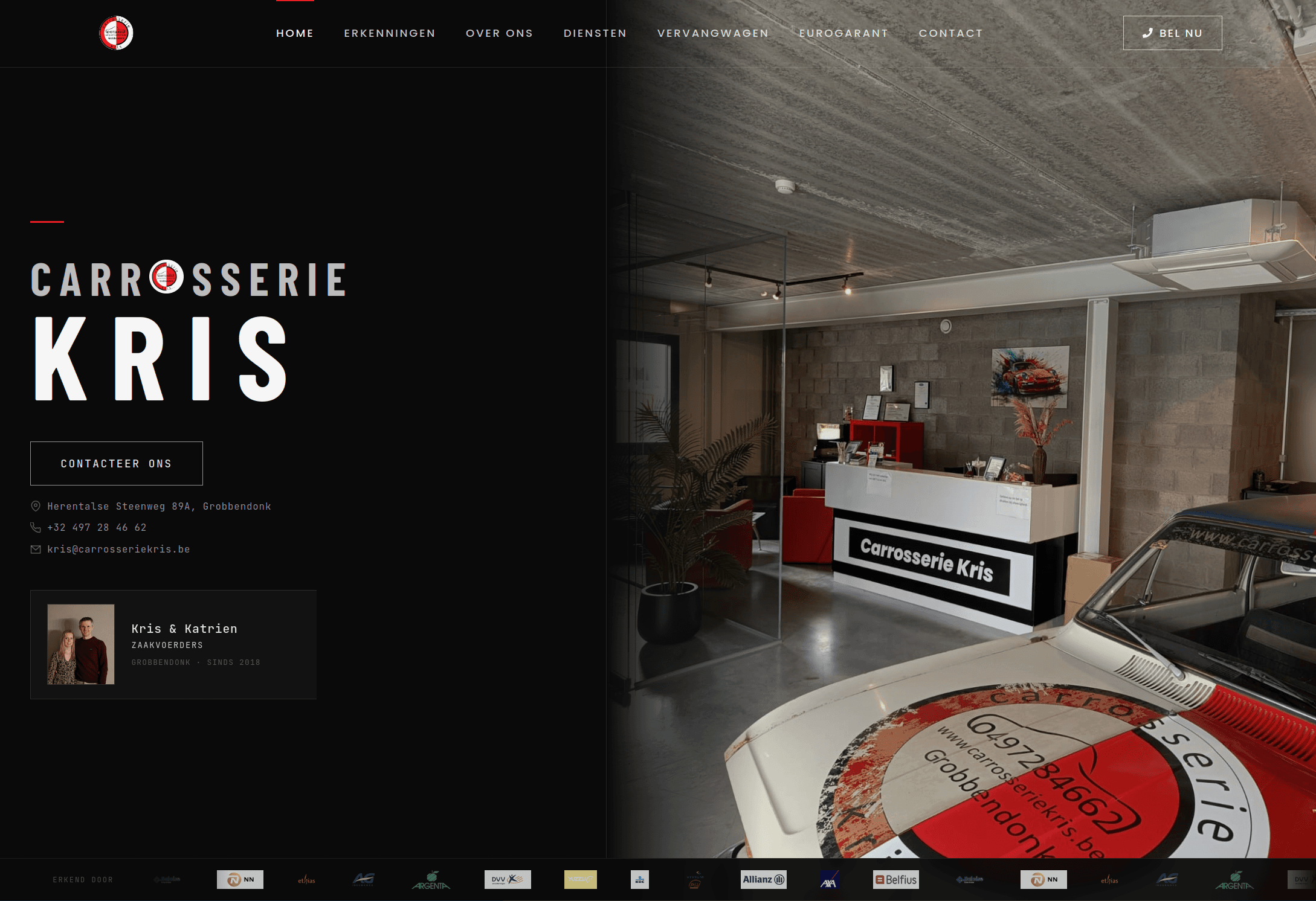 The Carrosserie Kris website, showing the workshop and repair services